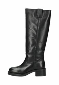 Botte en cuir noir haute jusqu'aux genoux avec une texture lisse, bout rond et talon carré. Présente une couture latérale et une petite languette de traction en haut.