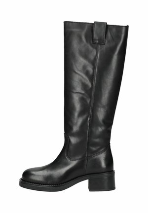 Knöchelhohe schwarze Lederstiefel mit glatter Textur, runder Zehenform und Blockabsatz. Verfügen über eine Seitennaht und eine kleine Lasche am oberen Ende.