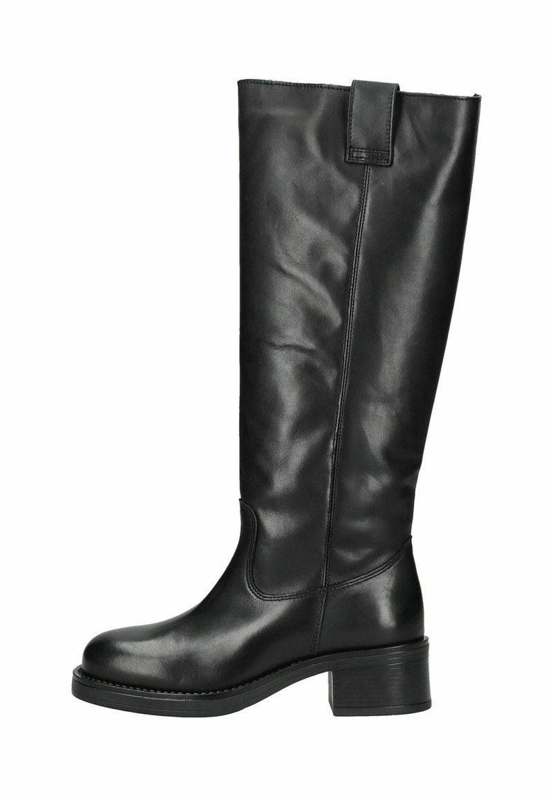 Botte en cuir noir haute jusqu'aux genoux avec une texture lisse, bout rond et talon carré. Présente une couture latérale et une petite languette de traction en haut.