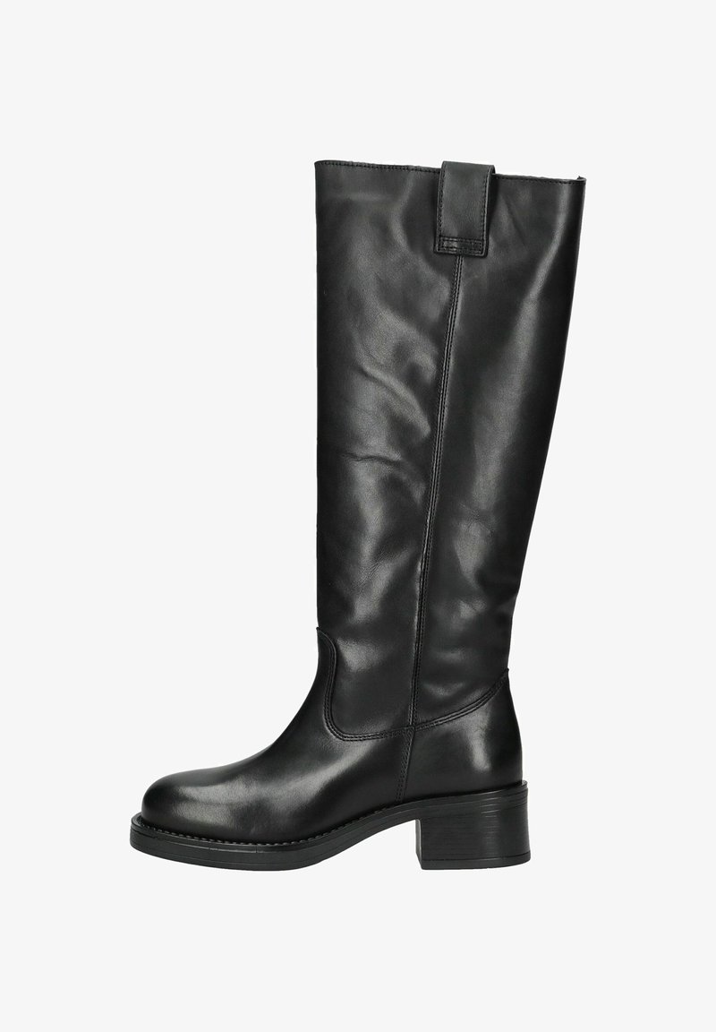 Knöchelhohe schwarze Lederstiefel mit glatter Textur, runder Zehenform und Blockabsatz. Verfügen über eine Seitennaht und eine kleine Lasche am oberen Ende.