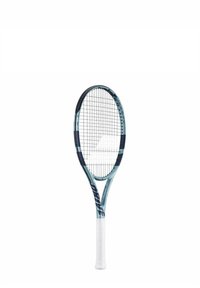 Tennisracket met een blauw en wit frame, voorzien van een textuur grip en een standaard snaarpatroon. Lichtgewicht ontwerp voor optimale prestaties.