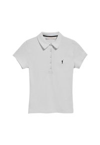 Polo blanc à manches courtes, avec un col et une patte de boutonnage à six boutons. Présente un petit logo marine sur la poitrine gauche. Matière en coton doux.