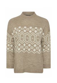 Beige gebreide trui met een hoge halslijn, voorzien van een wit geometrisch patroon over de borst en lange mouwen. Zachte textuur, relaxte pasvorm.