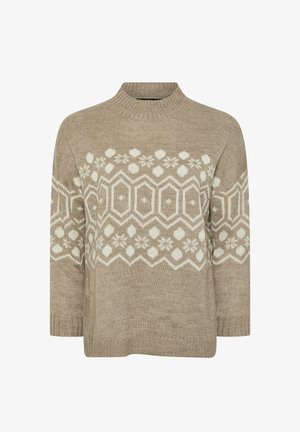 Beige gebreide trui met een hoge halslijn, voorzien van een wit geometrisch patroon over de borst en lange mouwen. Zachte textuur, relaxte pasvorm.