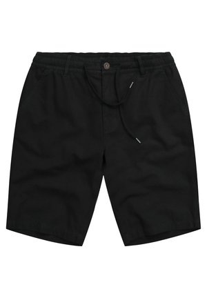 Schwarze Baumwoll-Shorts mit elastischem Bund, Zugband, Fronttaschen und einem einzelnen Knopfverschluss. Glatte Textur, knielanges Design.