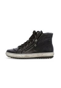 Schwarze Leder High-Top Sneaker mit einer strukturierten Oberfläche, kontrastierender grauer Sohle, Metallreißverschlussdetail an der Seite und schwarzen Schnürsenkeln.