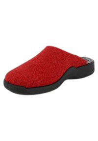 Red felt slip-on clog with a rounded toe and a black rubber sole. Features a soft texture and a simple, clean design.