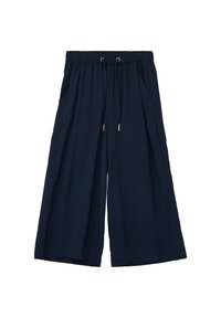 Navy wide-leg trousers in lightweight fabric. Features an elastic waistband with drawstring, side pockets, and a relaxed fit.