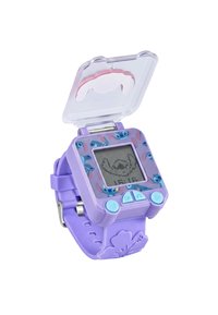 Orologio digitale per bambini viola con motivi di cartoni animati, schermo quadrato, pulsanti blu e coperchio trasparente a cerniera.