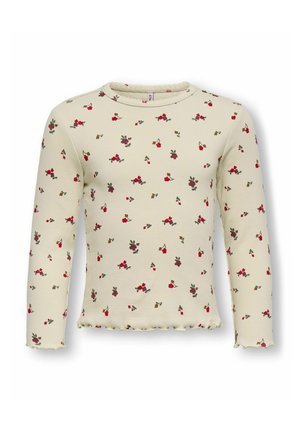 Maglia a maniche lunghe color crema in tessuto costina con piccolo motivo floreale rosso e marrone e rifinitura a fettina ondulata su scollo, polsini e orlo.