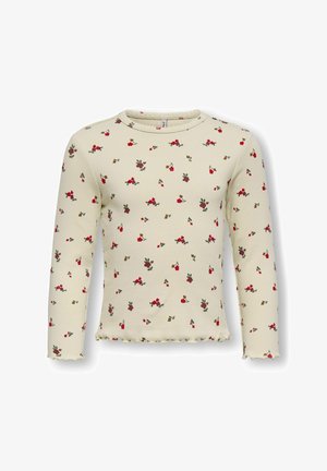 Kremfarvet langærmet ribbet top med lille rødt og brunt blomsterprint og flæsekant ved halsudskæring, manchetter og kant.