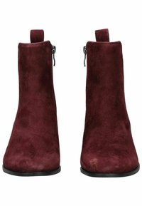 Botines de ante burdeos con una textura suave, punta redondeada y una cremallera lateral, con una lengüeta en la parte posterior.