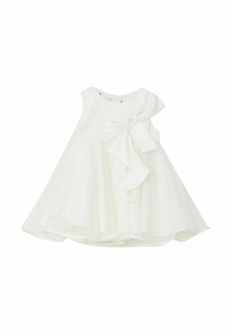 Vestido blanco sin mangas con un detalle de lazo en la cintura, silueta acampanada, tejido suave y escote redondo. Cierre de botones en la parte posterior.