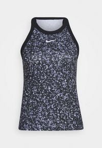Canotta Nike in un motivo camouflage nero e grigio, senza maniche e con scollatura rotonda e bordi neri a contrasto. Presenta un logo bianco sul petto.