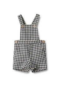 Marinblå och beige rutigt babyromper med justerbara axelremmar, träknappar, frampocketar och knappstängning vid grenen.