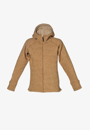 Hooded zip-up jacka i en texturerad tan-färgad tyg. Har raglanärmar och tumhål. Mjuk foder och fullängdsdragkedja.