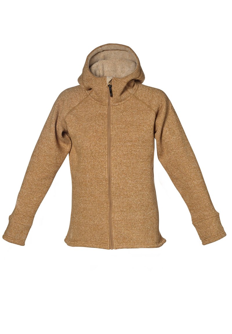 Hooded zip-up jacka i en texturerad tan-färgad tyg. Har raglanärmar och tumhål. Mjuk foder och fullängdsdragkedja.