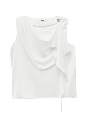 Valkoinen hihaton toppi, jossa on laskostettu pääntie ja sivusolmu yksityiskohtana, ja se on valmistettu sileästä ja kevyestä kankaasta.