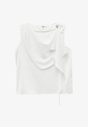Hvid ærmeløs top med draperet halsudskæring og en detalje med sidesløjfe, der har en glat tekstur og letvægtsstof.