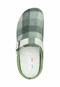 Green plaid wool slipper with beige strap and metal buckle. Soft textured lining, anatomical shape, and anti-shock sole design.