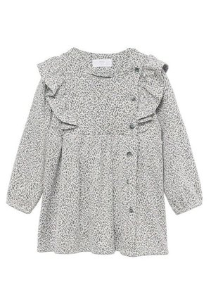 Robe à manches longues pour tout-petit avec imprimé léopard gris, détail à volants sur l'épaule et boutons sur le côté droit devant.