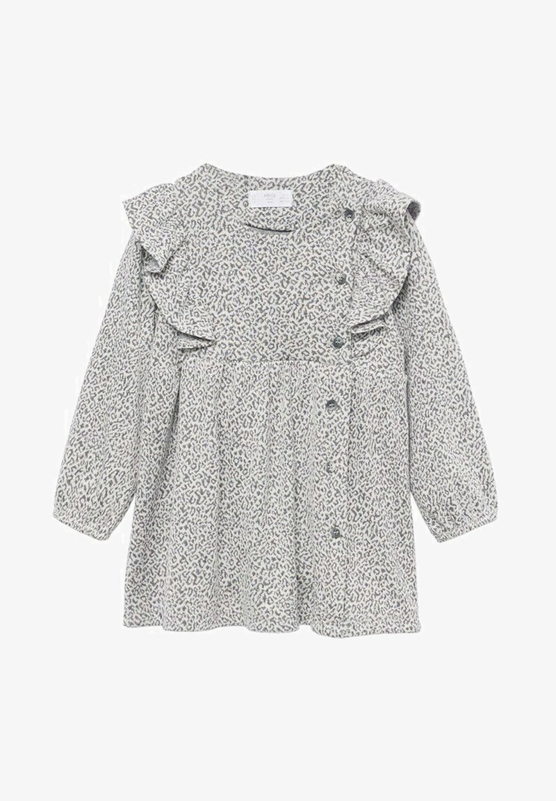 Robe à manches longues pour tout-petit avec imprimé léopard gris, détail à volants sur l'épaule et boutons sur le côté droit devant.
