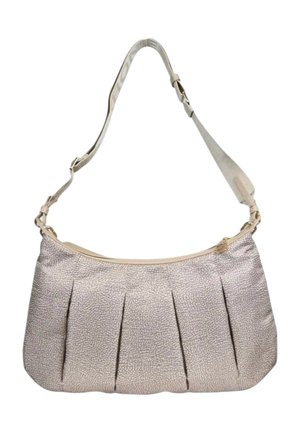 Borsa a tracolla beige chiaro con texture plissettata, finitura liscia, tracolla regolabile e chiusura superiore con zip. Design semplice, senza hardware prominente.