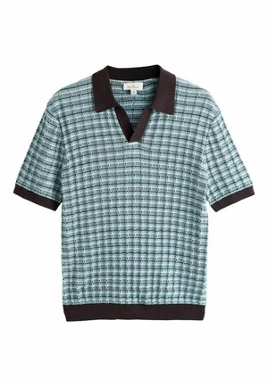 Krótki rękaw sweterkowa koszulka polo w niebiesko-czarną kratę, z czarnym kołnierzem, mankietami na rękawach i dołem.