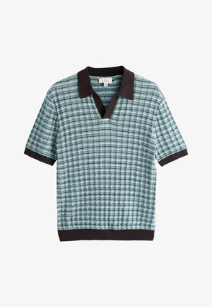 Tricou polo tricotat cu mâneci scurte, cu model în carouri albastre și negre, guler negru, manșete la mâneci și tiv.