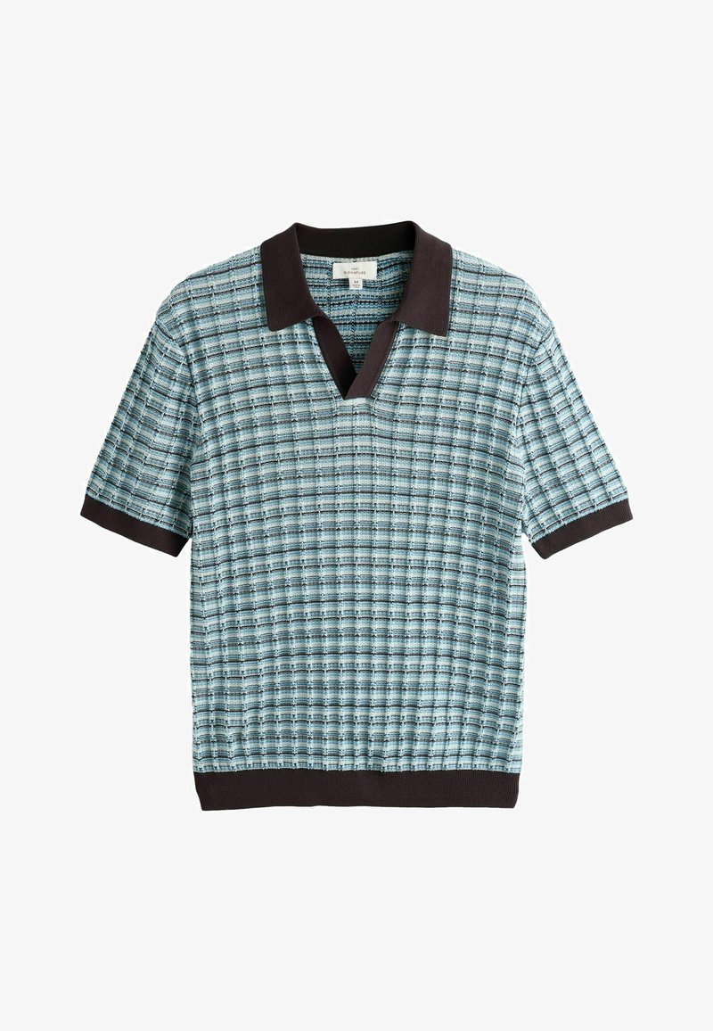 Polo en maille à manches courtes avec motif à carreaux bleu et noir, col, poignets de manches et ourlet noirs.