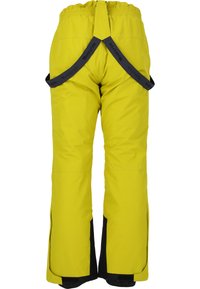 Gula skidbyxor med strukturerad yta, justerbara svarta remmar och kontrasterande svarta detaljer vid anklarna och sidoventiler.