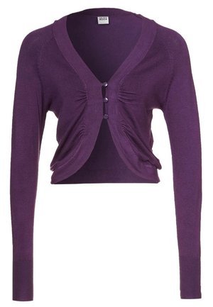 Fioletowy krótki kardigan z długimi rękawami, dekoltem w serek i trzema małymi guziczkami z przodu. Tkanina lekko marszczona przy guzikach.