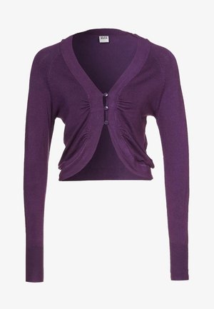 Paarse cropped cardigan met lange mouwen, V-hals en drie kleine knoopjes aan de voorkant. Licht geplooide stof bij de knopen.