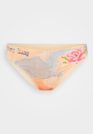 Bikini-Unterteil aus weichem Stoff mit einem Aquarellmuster in Pfirsich, Grau und einem rosa Akzent; elastischer Bund.