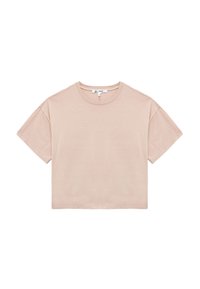 Camiseta corta de color rosa claro hecha de algodón suave. Cuenta con un cuello redondo y mangas cortas con un corte relajado. Diseño minimalista, sin patrones.
