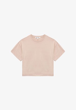 Helles rosa, kurz geschnittenes T-Shirt aus weicher Baumwolle. Mit rundem Hals und kurzen Ärmeln im lässigen Schnitt. Minimalistisches Design, ohne Muster.
