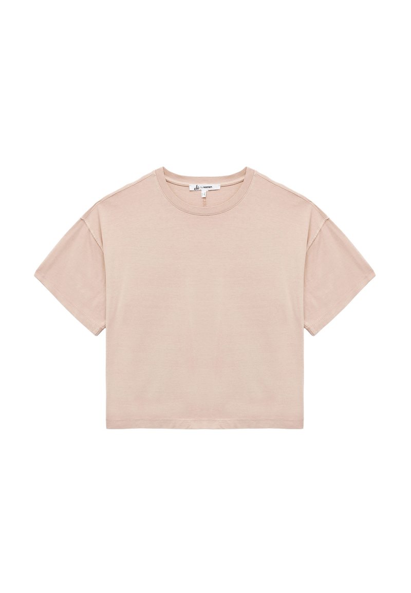 Camiseta corta de color rosa claro hecha de algodón suave. Cuenta con un cuello redondo y mangas cortas con un corte relajado. Diseño minimalista, sin patrones.