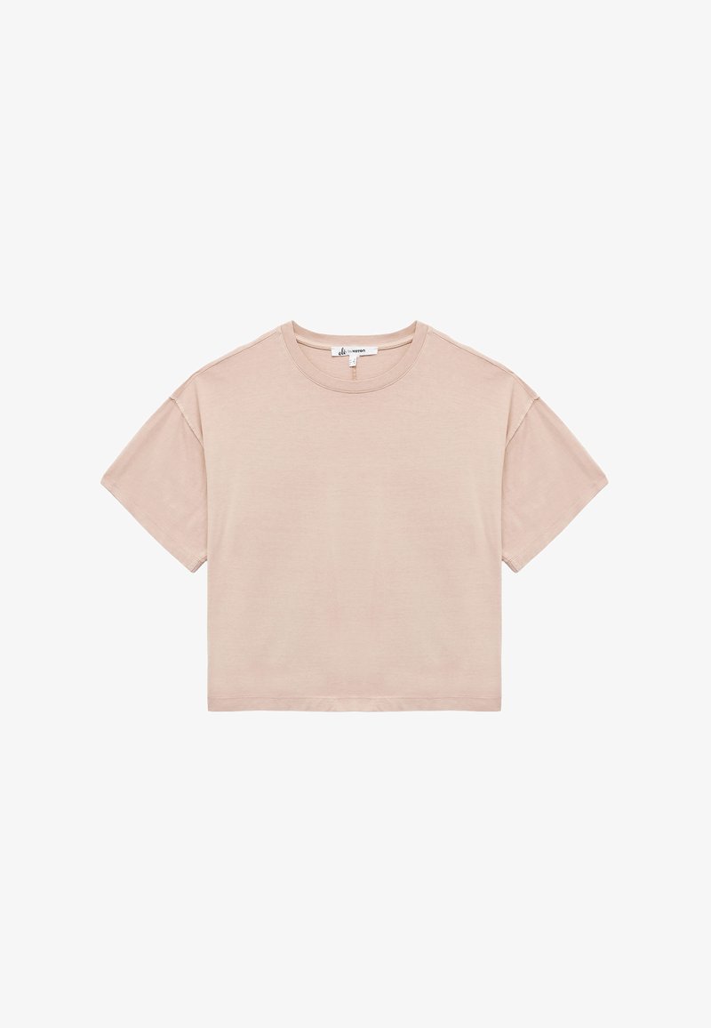 T-shirt corta di colore rosa chiaro, realizzata in cotone morbido. Presenta un collo tondo e maniche corte con una vestibilità rilassata. Design minimalista, senza motivi.