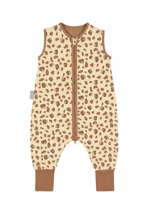 Ärmelloser Baby-Strampler mit Frontreißverschluss, beige mit unregelmäßigen braunen Flecken, einfarbige braune Bündchen und runder Halsausschnitt.