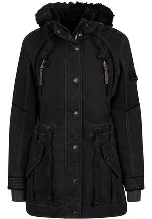 Black parka jacket with a faux fur-lined hood, zippered and buttoned front, drawstrings at the waist, and two front pockets.