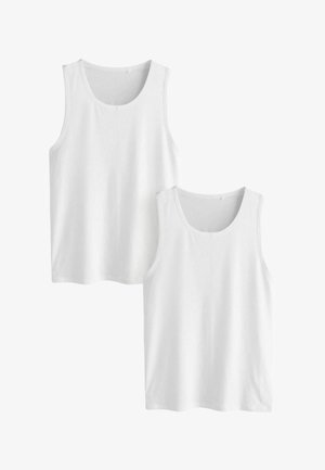 Du barški balti medvilniniai marškinėliai be rankovių, apvalių kaklo iškirpimų, aitrios tekstūros, be matomų raštų ar akcentų.