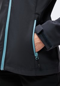 Main dans la poche d'une veste noire avec une fermeture éclair bleu clair et un poignet velcro réglable sur la manche.