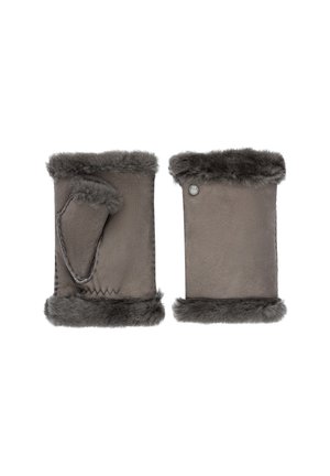 Graue Wildleder-Fingerhandschuhe ohne Finger mit Fellbesatz. Sie verfügen über eine Daumenöffnung und dekorative Nähte. Weicher Stoff und ein schlichtes Design.