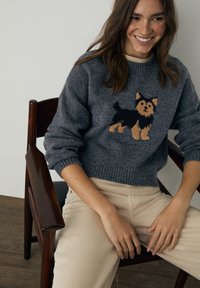 Pull en maille grise avec une finition texturée comportant un motif de chien beige et noir sur le devant. Pantalon beige clair, chaise en bois en arrière-plan.