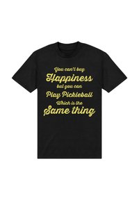 Czarna bawełniana koszulka z żółtym napisem: "Nie możesz kupić szczęścia, ale możesz grać w pickleball, co jest tym samym."