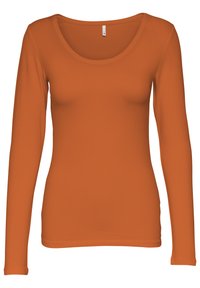 Langärmliges Oberteil in einem lebhaften orangenen Farbton, aus dehnbarem Stoff gefertigt. Mit einem Rundhalsausschnitt und taillierter Passform, ideal zum Layering.