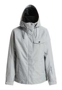 Veste à capuche gris clair avec fermeture éclair frontale, poche à rabat avec bouton-pression sur la poitrine, deux poches latérales et poignets ajustables.