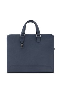 Marineblaue Ledertasche mit zwei oberen Griffen, silberner Hardware und einer strukturierten Oberfläche. Auf der Vorderseite verfügt sie über ein dezentes Markenembossing.