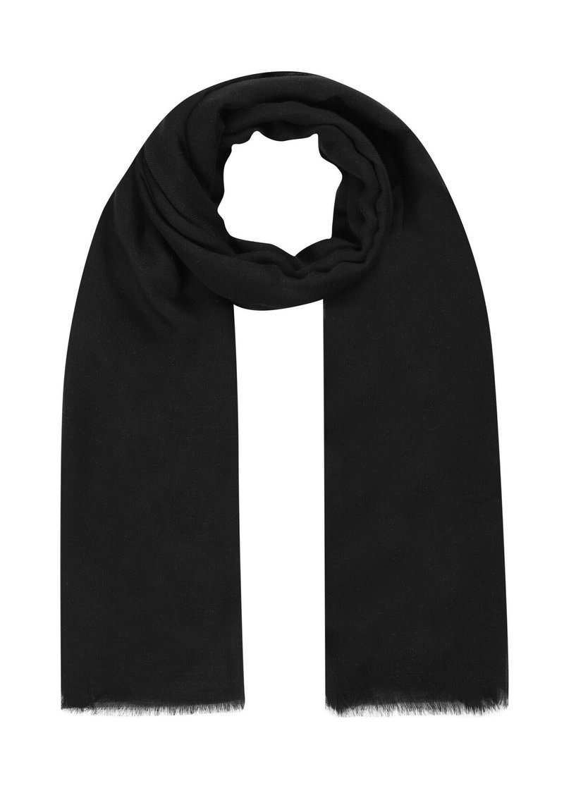 Écharpe noire en tissu doux, présentant une forme rectangulaire longue avec un ourlet frangé. Texture lisse avec un design drapé.