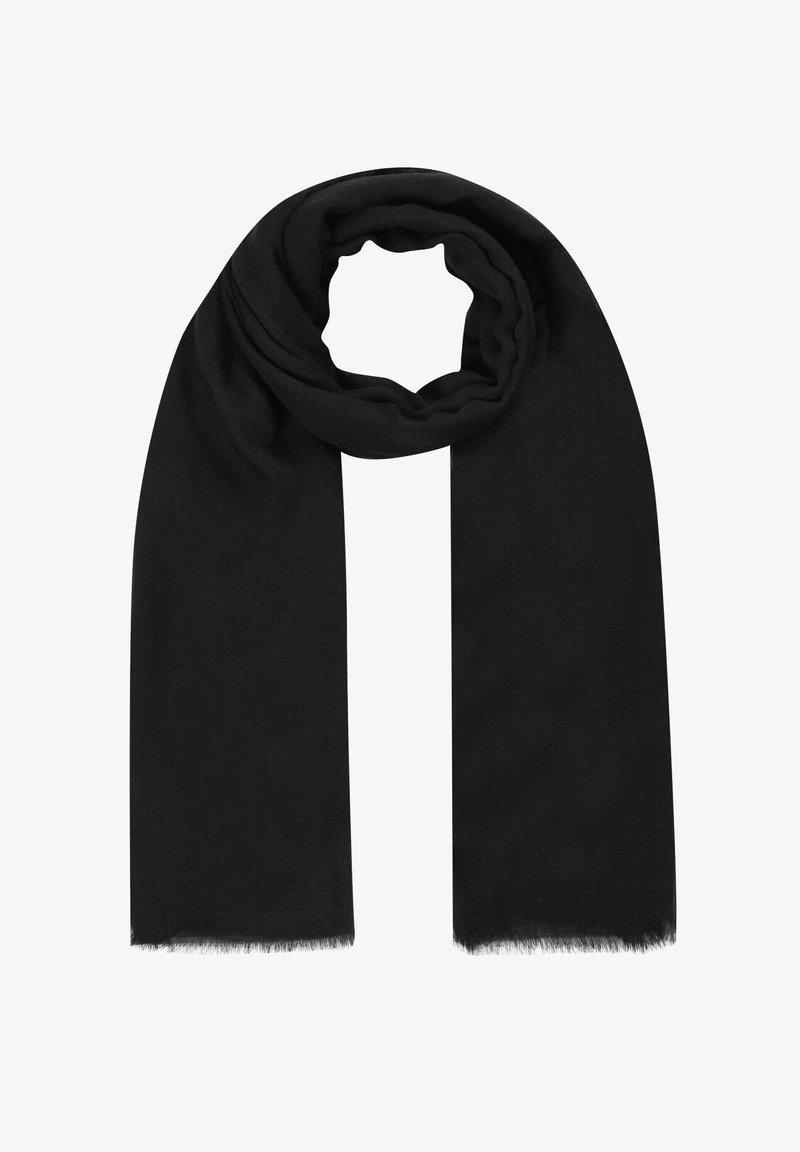 Écharpe noire en tissu doux, présentant une forme rectangulaire longue avec un ourlet frangé. Texture lisse avec un design drapé.